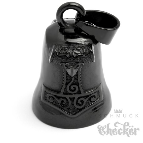 Schwarze Biker-Bell mit Thors Hammer Mjölnir Motorradfahrer Glücksbringer Glocke