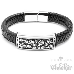 Echt Leder Herren Armband schwarz Edelstahl 16 Totenköpfe Schädel Biker Rocker Harley