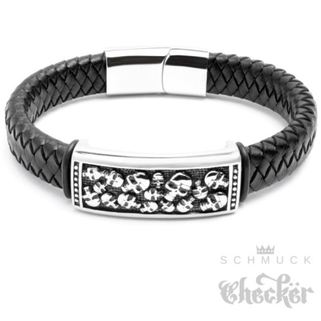 Echt Leder Herren Armband schwarz Edelstahl 16 Totenköpfe Schädel Biker Rocker Harley