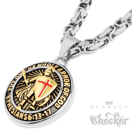 Kreuzritter-Amulett Bibelvers 6:13-17 rotes Kreuz Edelstahl silber gold mit Kette