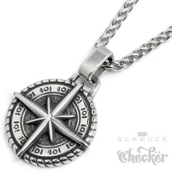 Windrose Ketten-Anhänger aus 316L Edelstahl Kompass Wegweiser Männer-Halskette