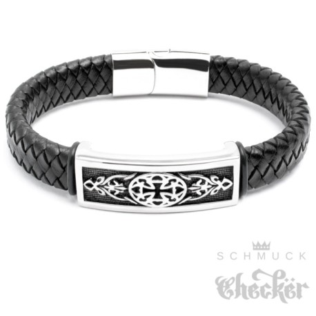 Echt Leder Herren Armband schwarz Edelstahl Eisernes Kreuz verziert Biker Rocker Harley