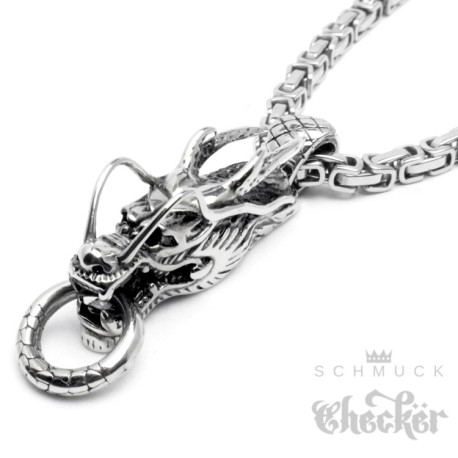 Edelstahl Herren Anhänger Drache groß silber massiv Geschenk + Königskette Biker