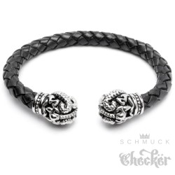 Hochwertiger Herren Armreif Echt Leder geflochten Edelstahl Knauf verziert Biker