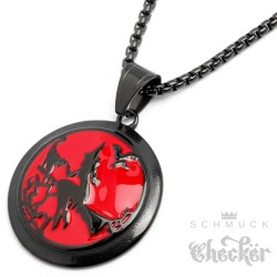 Amulett Hexe auf Besen schwarz rot mit Katze Rabe Edelstahl Halskette Geschenk