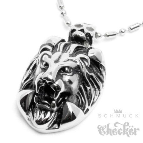 Hochwertiger Edelstahl Herren Anhänger silber Löwe Lion Totenkopf + Kette Biker