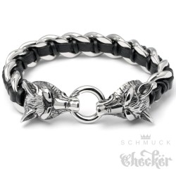 Edelstahl Armband Wolf Panzerkette silber echt Leder schwarz Biker Harley