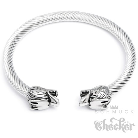 Edelstahl Herren Armreif Armspange Armband felxibel silber Wolf Wolfskopf