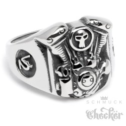 Edelstahl Ring V2 Motor Engine Totenkopf Skull detailliert silber Motorrad Biker