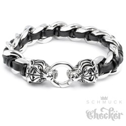 Edelstahl Armband Tiger Panzerkette silber echt Leder schwarz Biker Harley