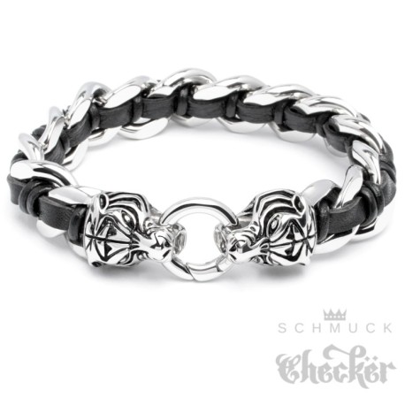 Edelstahl Armband Tiger Panzerkette silber echt Leder schwarz Biker Harley