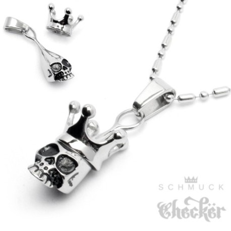 Hochwertiger Edelstahl Totenkopf Anhänger mit Krone Totenschädel King + Kette