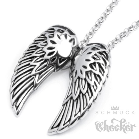 Hochwertiger Edelstahl Ananhänger silber zwei Flügel Engel Wings + Halskette