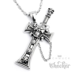 Edelstahl Herren Anhänger Kreuz Totenkopf Schwert Zirkon + Kette Biker Gothic