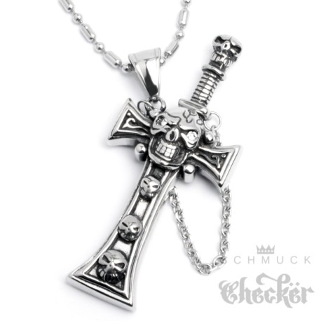 Edelstahl Herren Anhänger Kreuz Totenkopf Schwert Zirkon + Kette Biker Gothic