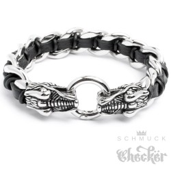 Edelstahl Armband Drache Panzerkette silber echt Leder schwarz Biker Harley