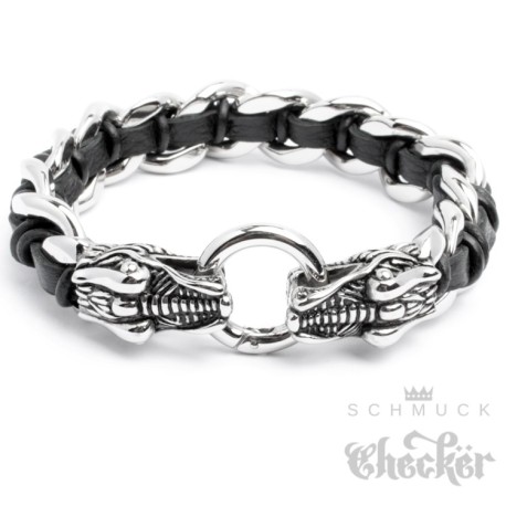 Edelstahl Armband Drache Panzerkette silber echt Leder schwarz Biker Harley