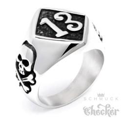 Edelstahl Ring Glückszahl Lucky 13 silber Glück Pech Totenkopf Bikerring