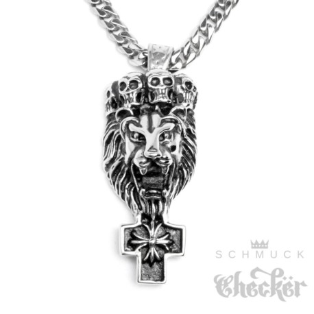 Edelstahl Herren Ketten-Anhänger Löwe Totenkopf-Krone Kreuz + 60cm Panzerkette