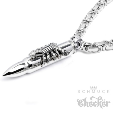 Edelstahl Anhänger Patrone Skorpion Sternzeichen Munition Bullet silber Königskette