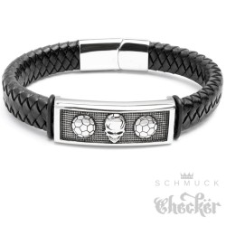 Echt Leder Herren Armband schwarz Edelstahl Fußball Hooligans Ultra Totenkopf