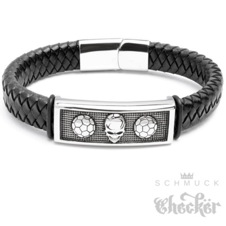 Echt Leder Herren Armband schwarz Edelstahl Fußball Hooligans Ultra Totenkopf