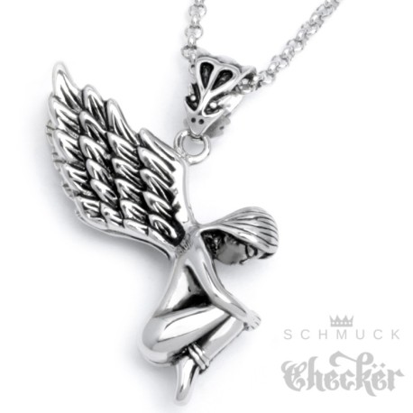 Edelstahl Anhänger nackter Engel Flügel gefesselt schön silber + Halskette Kette