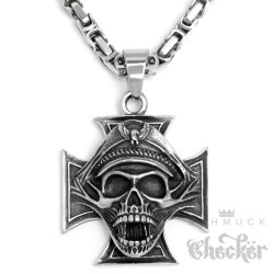Edelstahl Anhänger Eisernes Kreuz Totenkopf General Schädel Soldat Bikerschmuck + Königskette