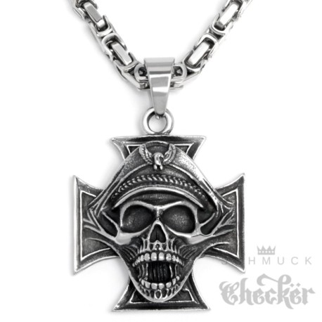 Edelstahl Anhänger Eisernes Kreuz Totenkopf General Schädel Soldat Bikerschmuck + Königskette