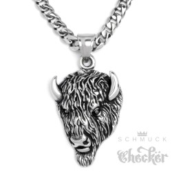 Edelstahl Anhänger Bison Büffel Buffalo Wisent Halskette Panzerkette Indianer Bikerschmuck
