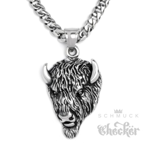 Edelstahl Anhänger Bison Büffel Buffalo Wisent Halskette Panzerkette Indianer Bikerschmuck
