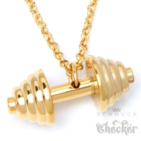 Edelstahl Anhänger Hantel Gewicht Fitness Sport Bodybuilder Schmuck gold + Halskette