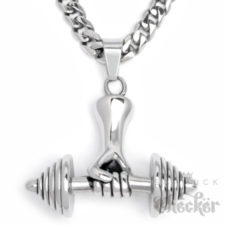 Edelstahl Anhänger Hand Hantel Gewicht Fitness Sport Bodybuilder Schmuck silber + Halskette