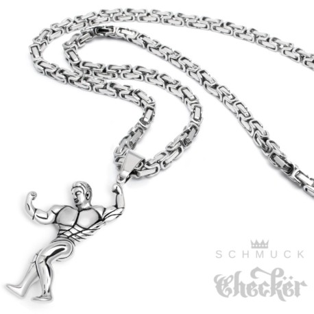 Edelstahl Anhänger Hantel Gewicht Fitness Sport Bodybuilder Pose Schmuck + Königskette