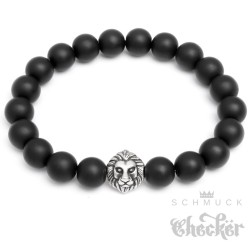Männerarmband Naturstein Perlen schwarz matt Edelstahl Löwe Bikerarmband