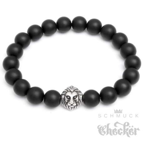Männerarmband Naturstein Perlen schwarz matt Edelstahl Löwe Bikerarmband