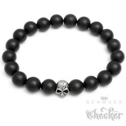 Männerarmband Naturstein Perlen schwarz matt Edelstahl Schädel Totenkopf Biker