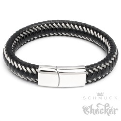 Echt Leder Herren Armband schwarz geflochten Silberfaden Edelstahl Verschluss