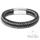 Echt Leder Herren Armband schwarz geflochten Silberfaden Edelstahl Verschluss