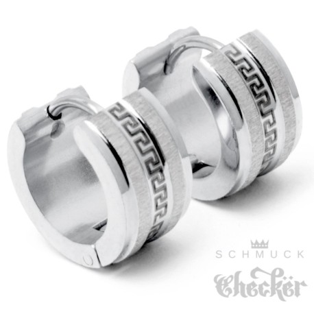 Edelstahl Ohrringe Klapp-Creolen silber poliert gebürstet Mäander Muster 13mm Ø