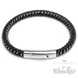 Echt Leder Herren Armband 6mm schwarz geflochten Silberfaden Edelstahl Verschluss