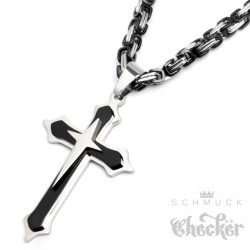 Herren Edelstahl Halskette Kreuz Anhänger silber schwarz + 60cm Königskette für Männer