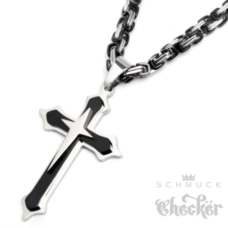 Herren Edelstahl Halskette Kreuz Anhänger silber schwarz + 60cm Königskette für Männer