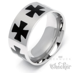 Massiver Bikerring aus Edelstahl mit Eisernen Kreuzen Ritterkreuz Ring silber schwarz