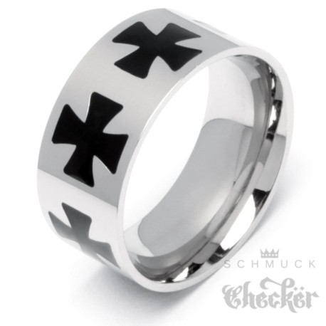 Massiver Bikerring aus Edelstahl mit Eisernen Kreuzen Ritterkreuz Ring silber schwarz