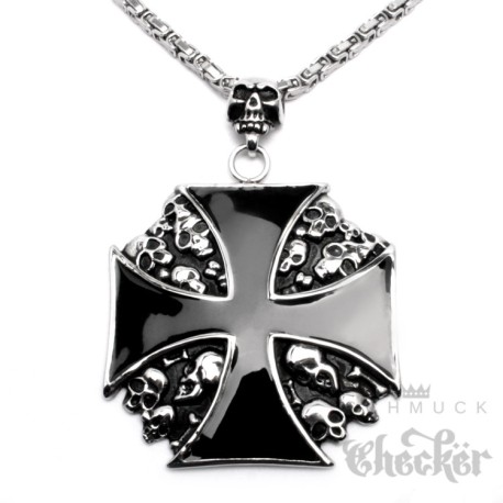 XXL Edelstahl Anhänger Eisernes Kreuz Totenkopf groß Bikerschmuck + Königskette