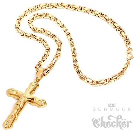 Edelstahl Damen Herren Anhänger Kreuz gold groß Jesus 18k vergoldet + 60cm Kette