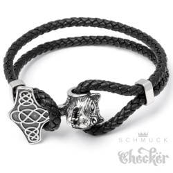 Echt Leder Herren Armband Thors Hammer Mjölnir Wolf Edelstahl Bikerschmuck 22cm