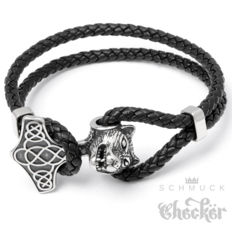 Echt Leder Herren Armband Thors Hammer Mjölnir Wolf Edelstahl Bikerschmuck 22cm