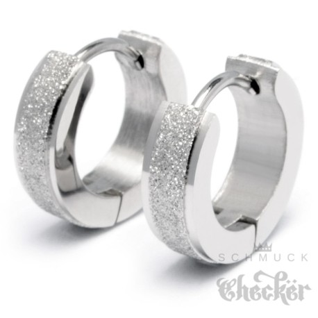 Edelstahl Ohrringe Klapp-Creolen silber diamantiert funkelnd schmal dünn 13mm Ø